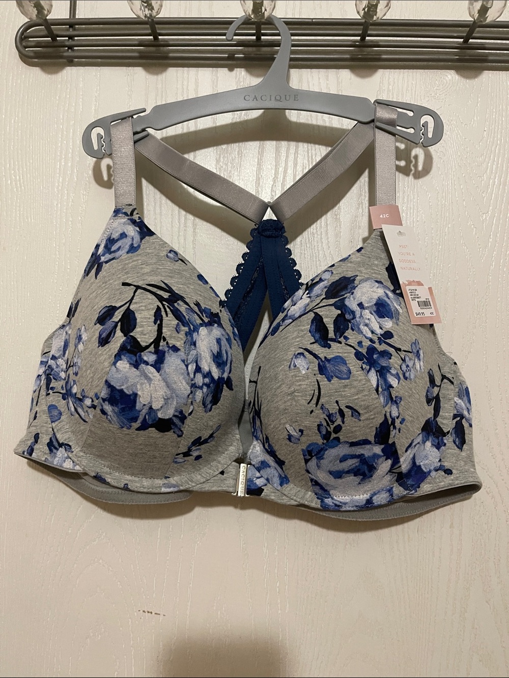 Cacique Gray Bra with Blue Floral Print 42C Brand New Front Closure
